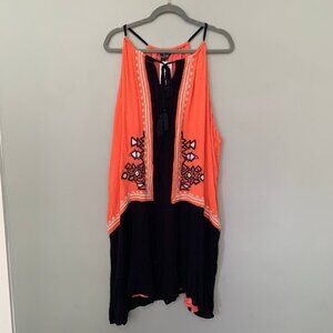 NEW‎ Suzanne Betro peach black lace embroidered detail halter neck mini dress